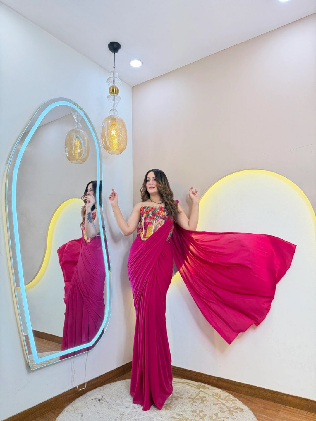 Fuchsia Glam Imported Fabric Party Wear Drape Saree