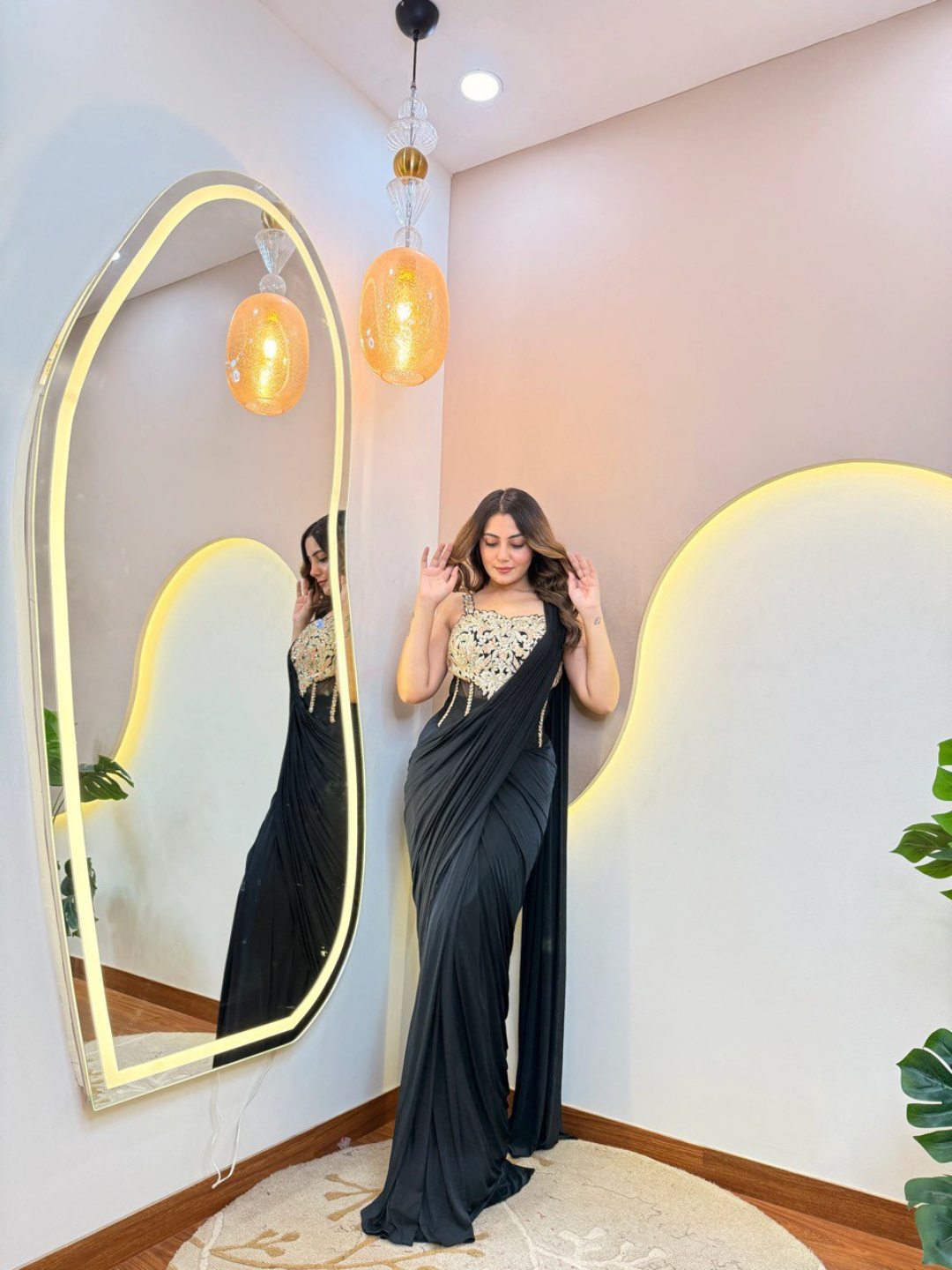 Midnight Black Lycra Cord Set Drape Saree - Image 3