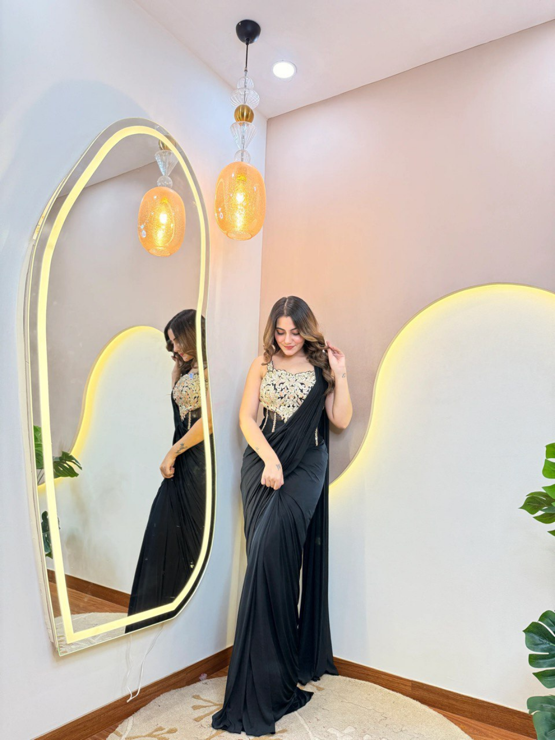 Midnight Black Lycra Cord Set Drape Saree - Image 4