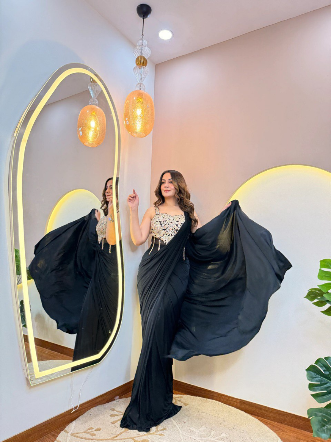 Midnight Black Lycra Cord Set Drape Saree