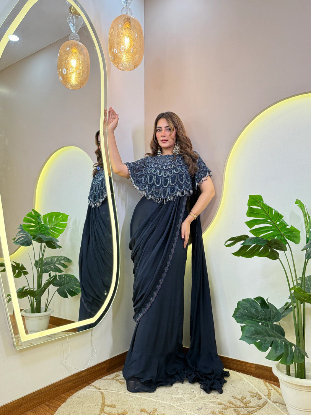 Midnight Elegance Chinon Cape Style Drape Saree