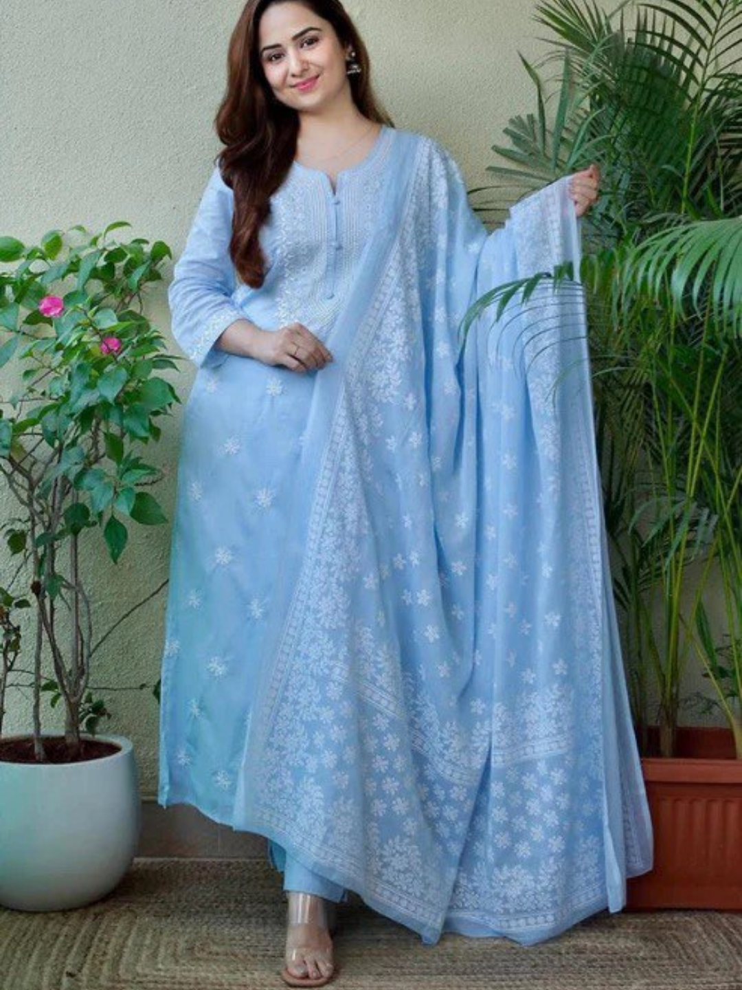Powder Blue Embroidered Cotton Suit Set with Dupatta