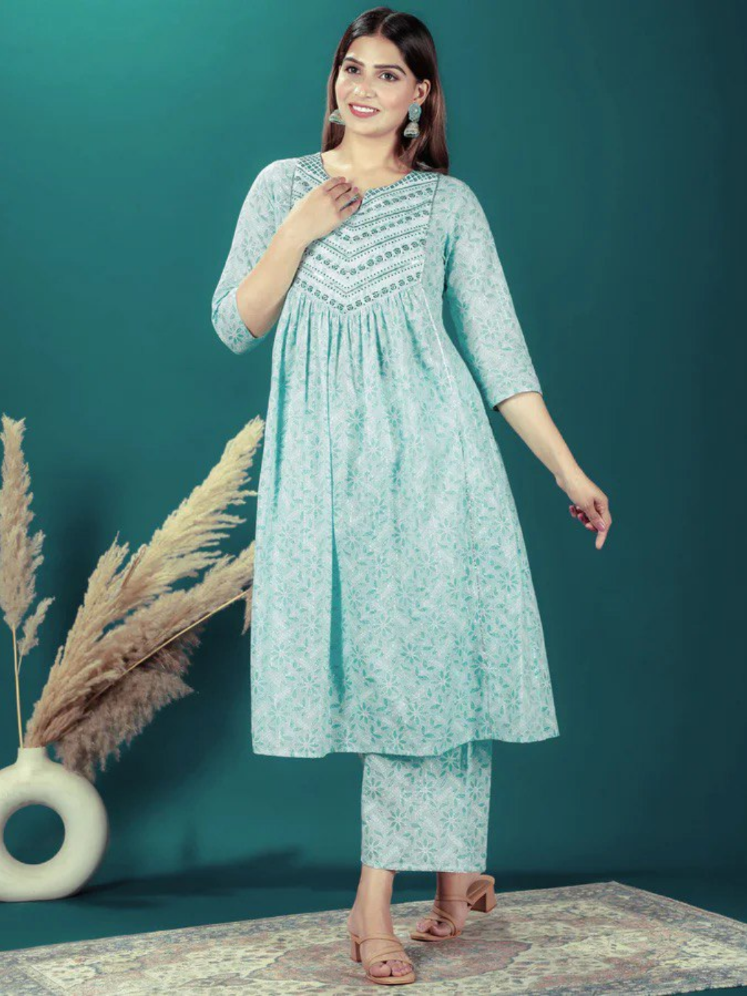 Turquoise Lurex Cotton Flared Kurta