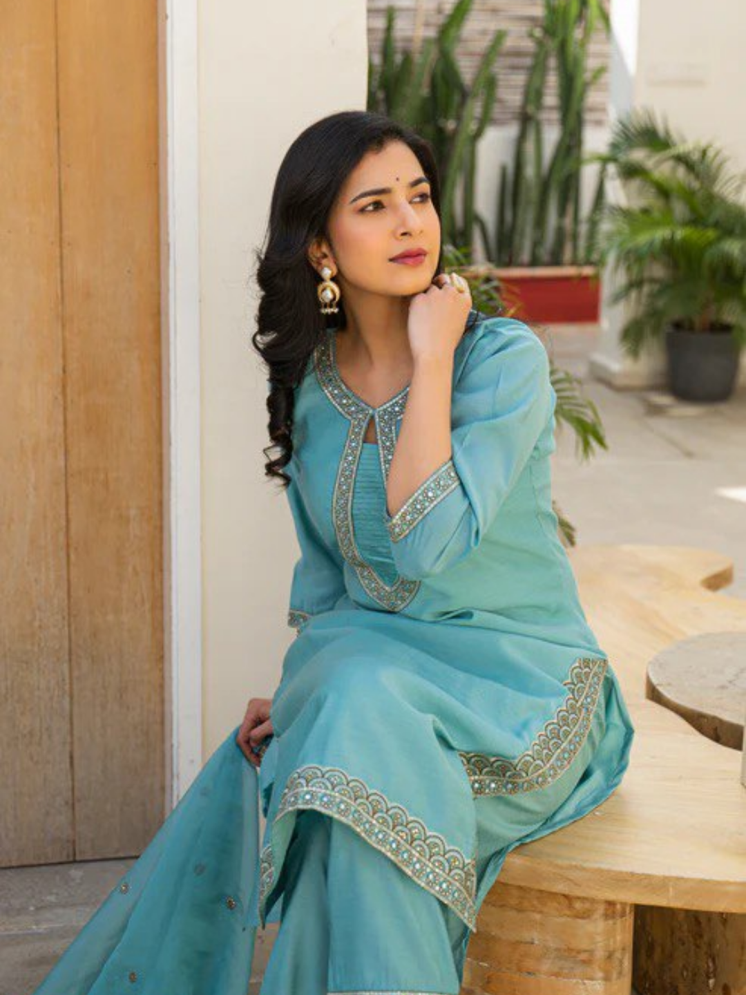 Fountain Blue Embroidered Roman Silk Kurta & Pant Set with Dupatta - Image 3