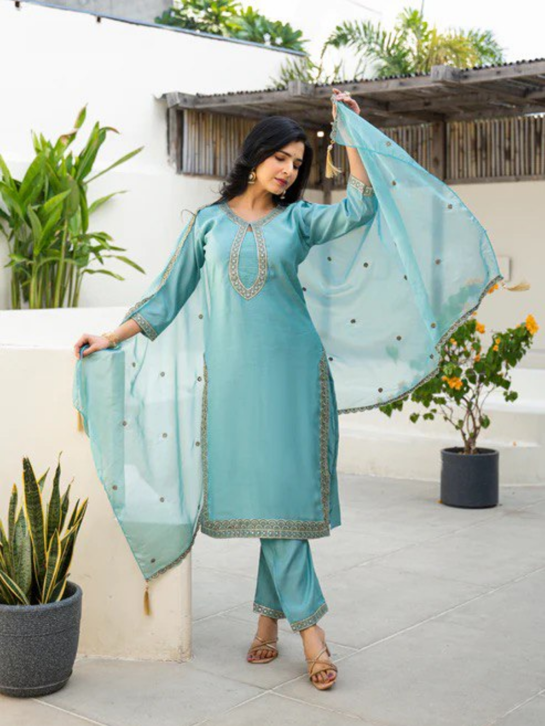 Fountain Blue Embroidered Roman Silk Kurta & Pant Set with Dupatta