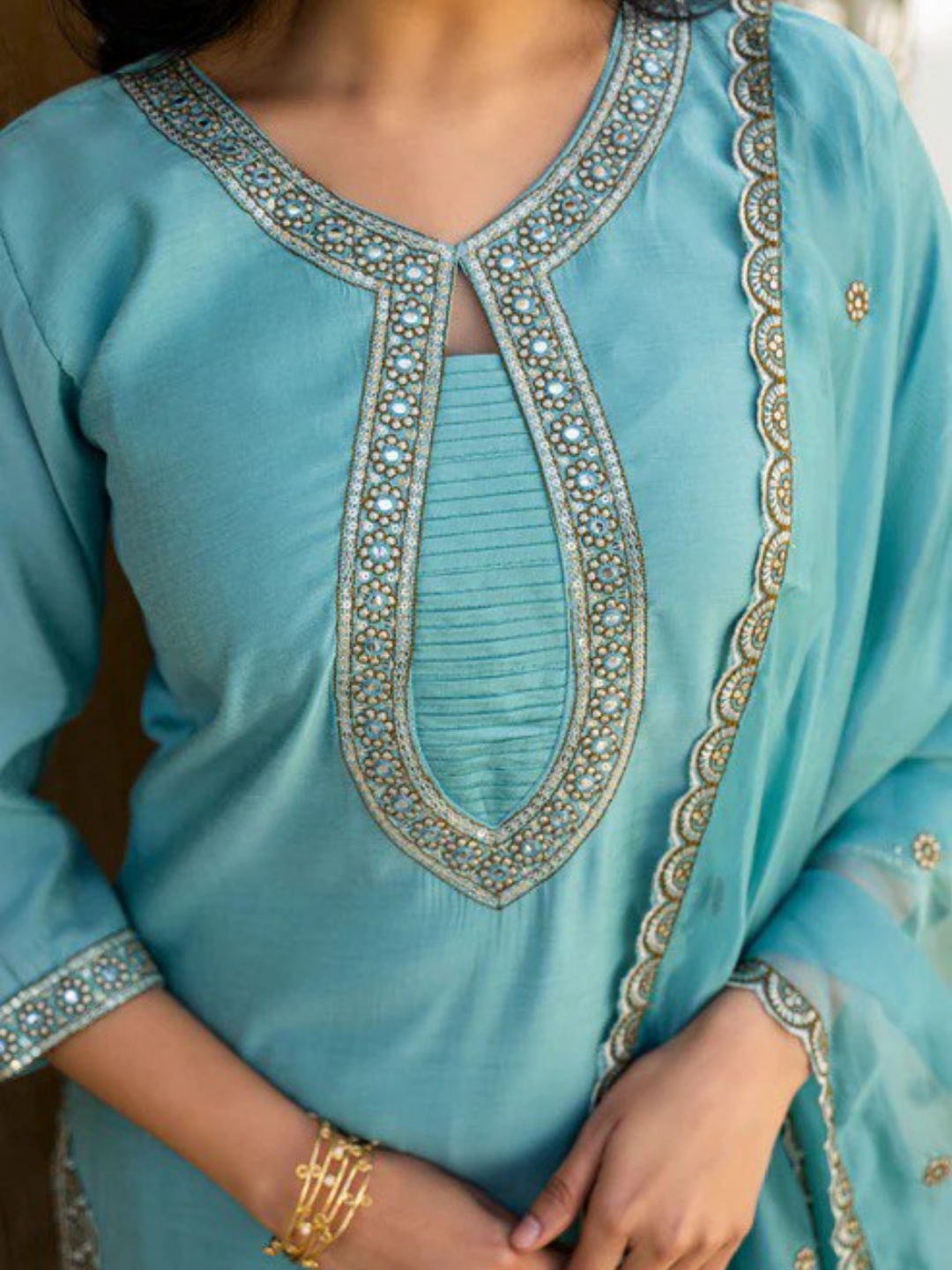 Fountain Blue Embroidered Roman Silk Kurta & Pant Set with Dupatta - Image 2