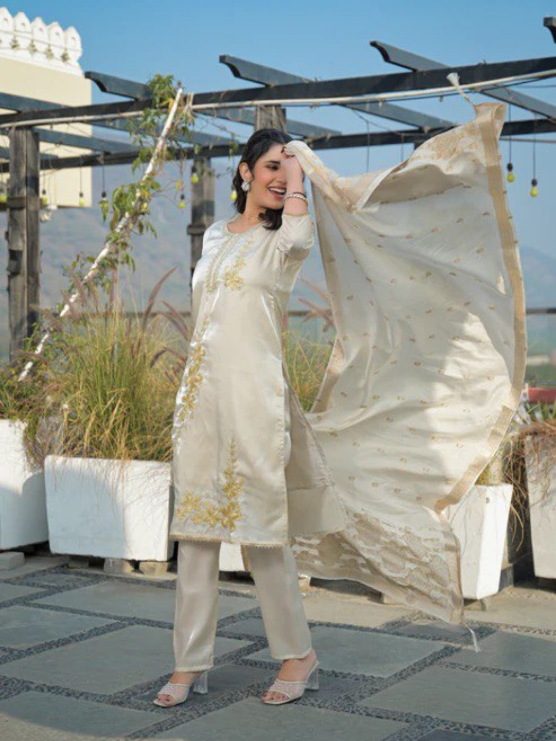 Moon Mist Embroidered Roman Shimmer Suit Set