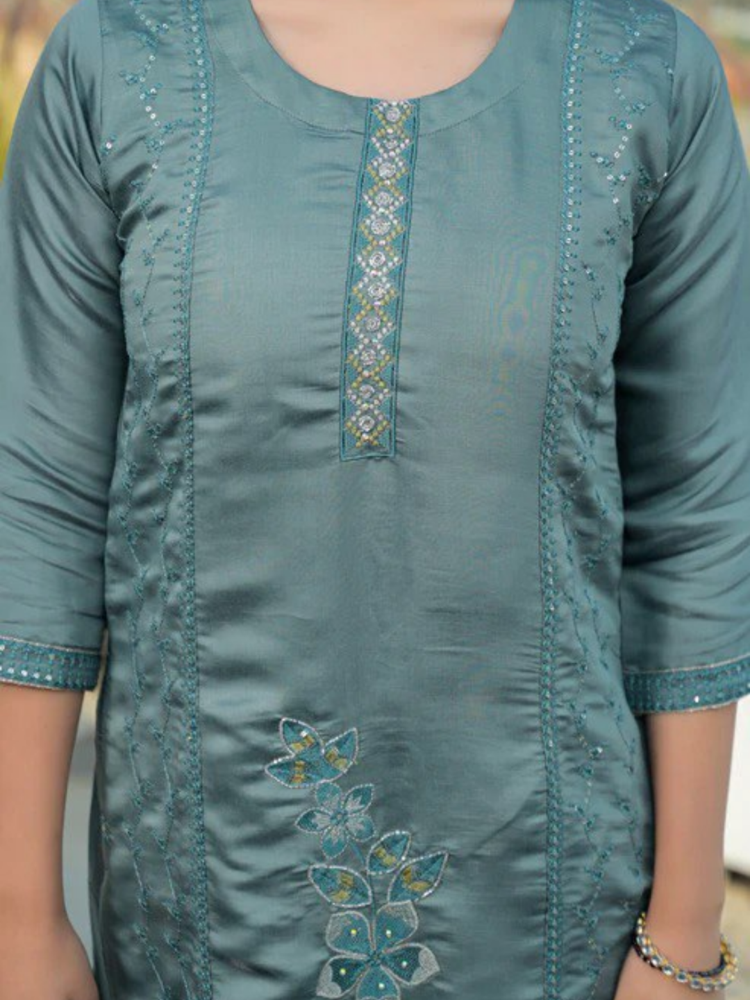 Bluish Grey Roman Silk Embroidered Suit Set - Image 5