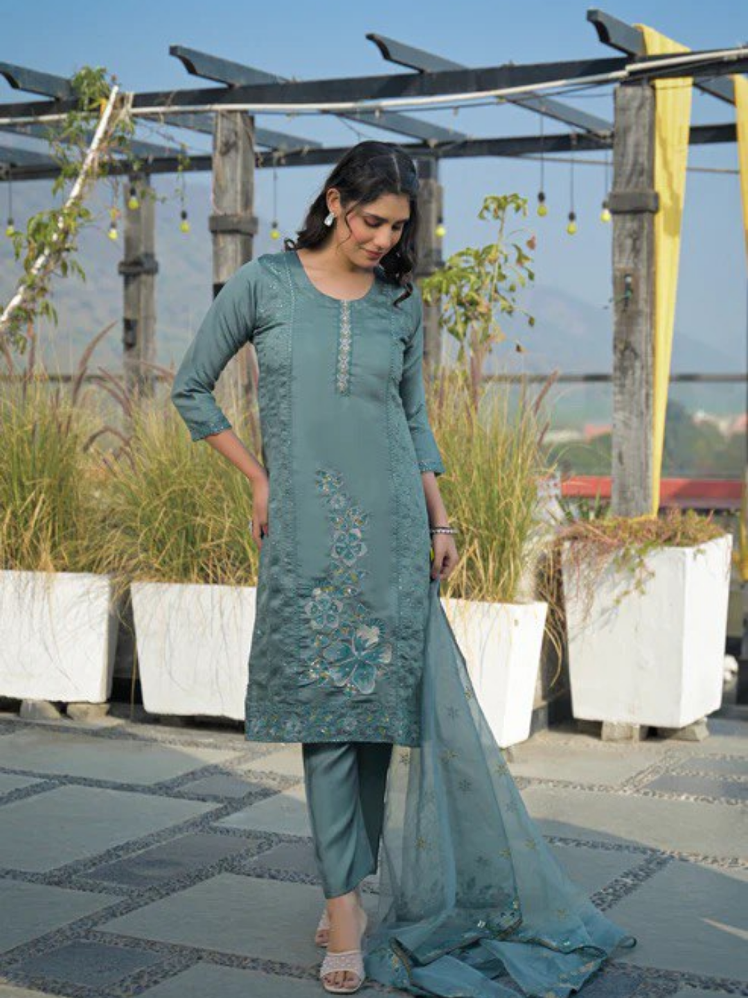 Bluish Grey Roman Silk Embroidered Suit Set - Image 4