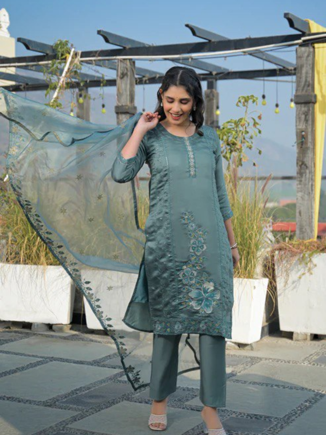 Bluish Grey Roman Silk Embroidered Suit Set - Image 3