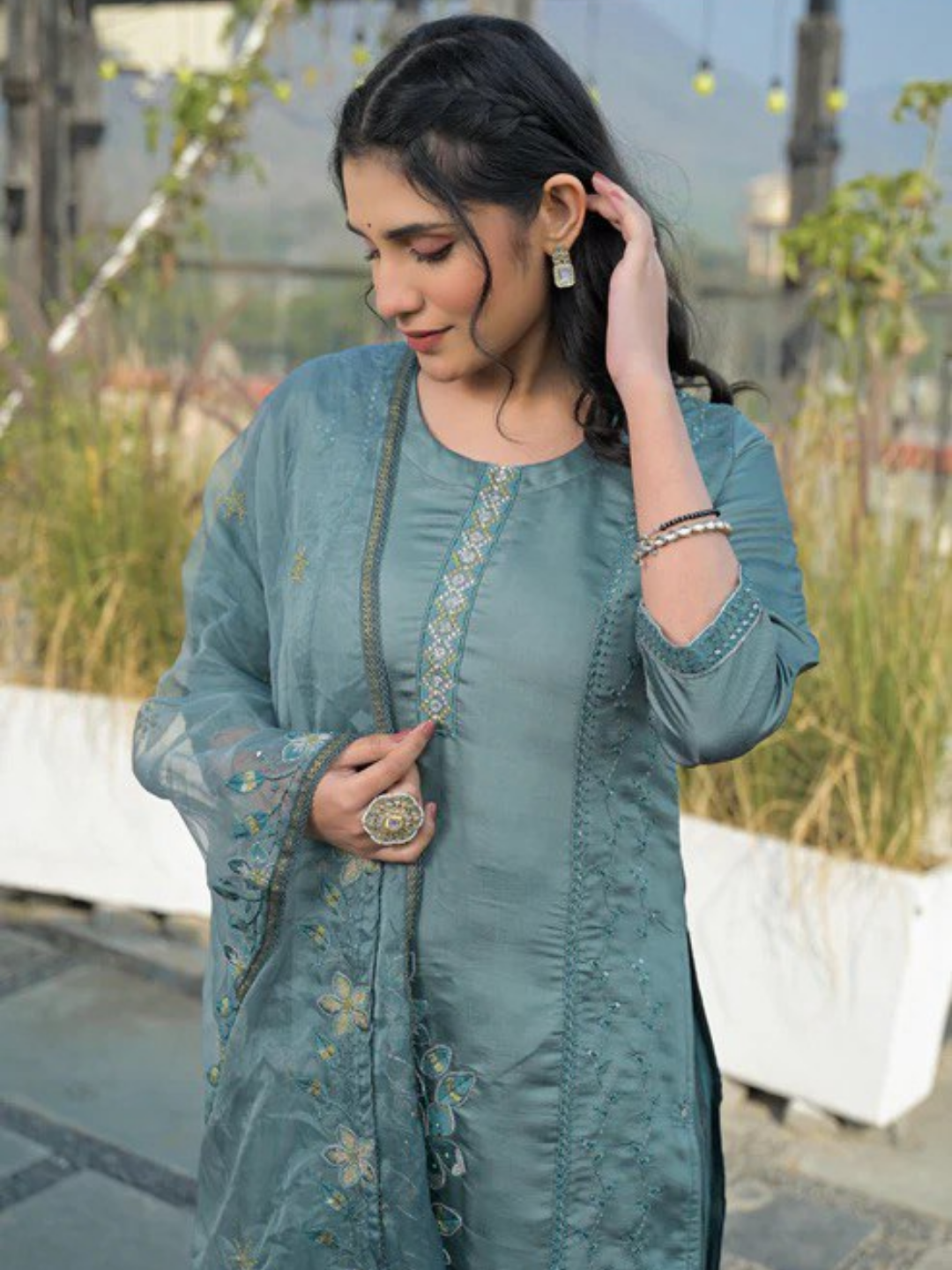 Bluish Grey Roman Silk Embroidered Suit Set - Image 2