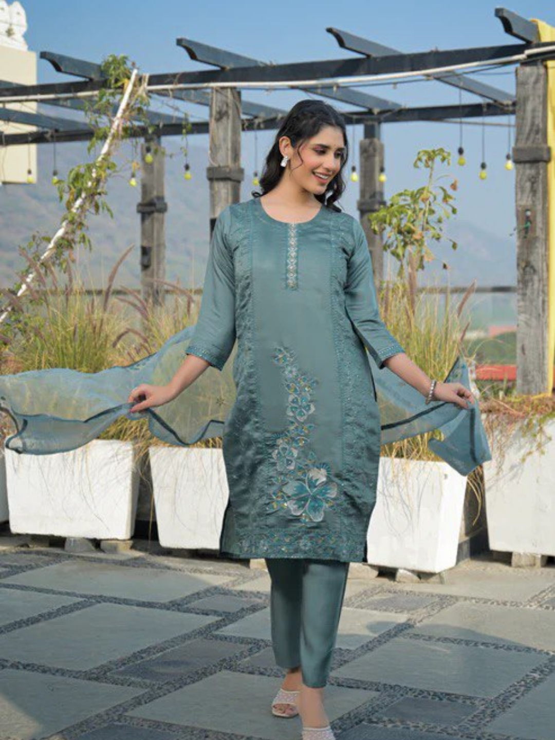 Bluish Grey Roman Silk Embroidered Suit Set
