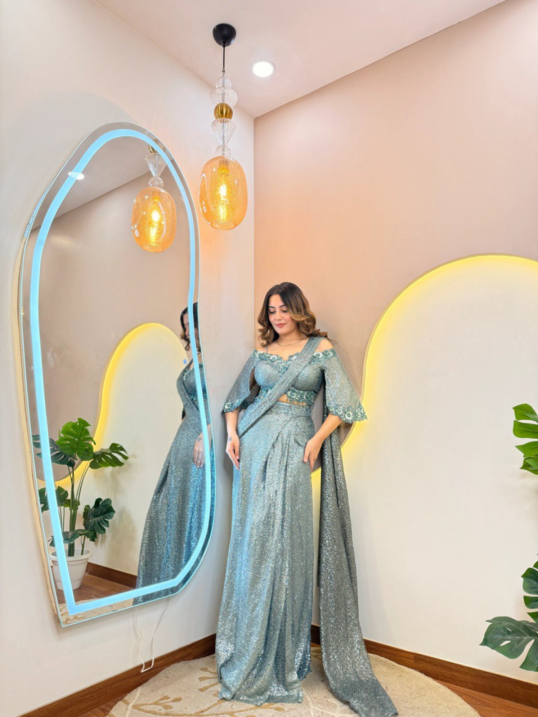 Celestial Teal Sequin Drape Saree - Image 3