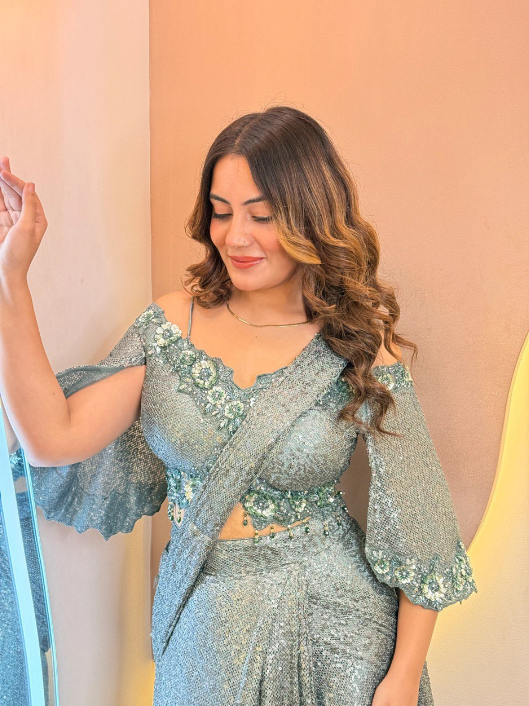 Celestial Teal Sequin Drape Saree - Image 2