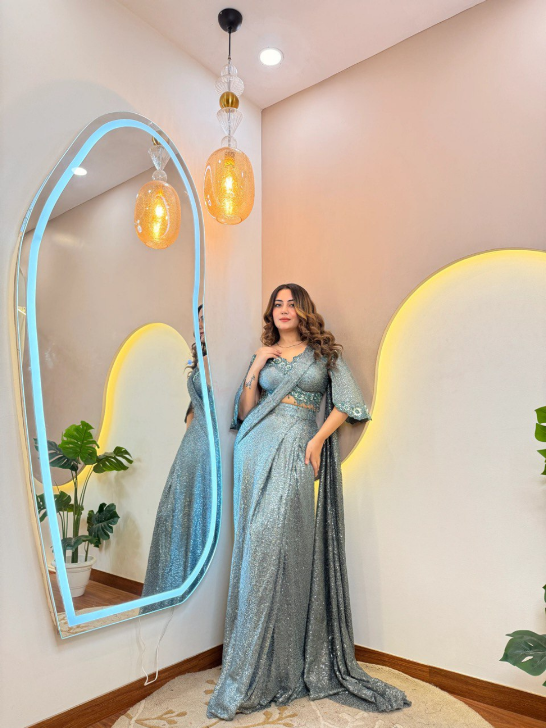 Celestial Teal Sequin Drape Saree