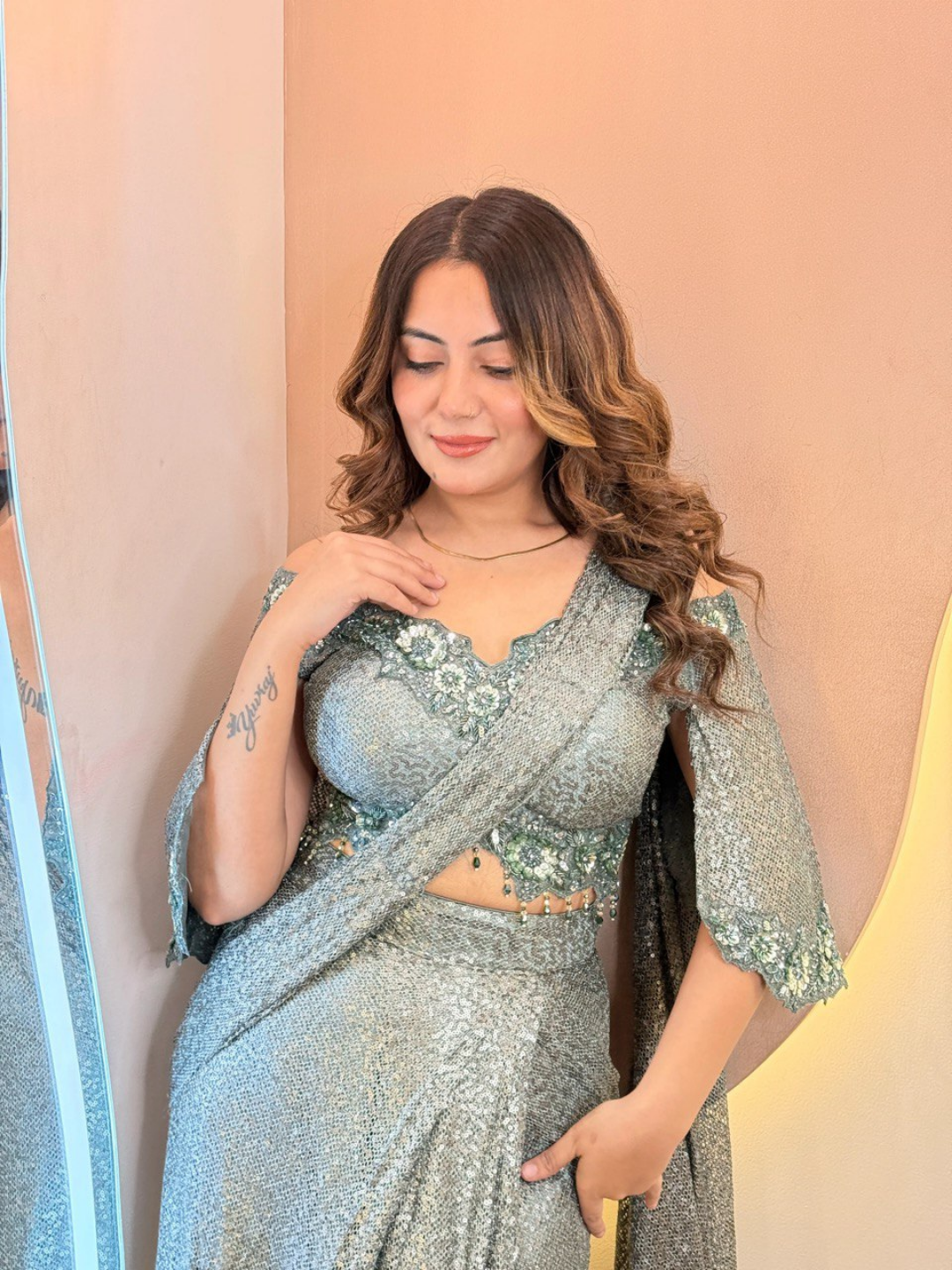 Celestial Teal Sequin Drape Saree - Image 4