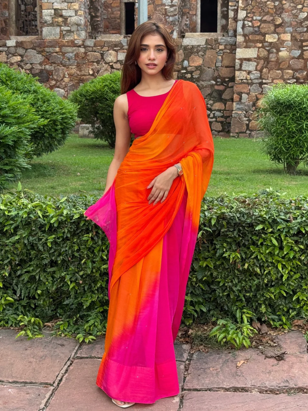 Sunset Ombre Hand-Dyed Chiffon Saree