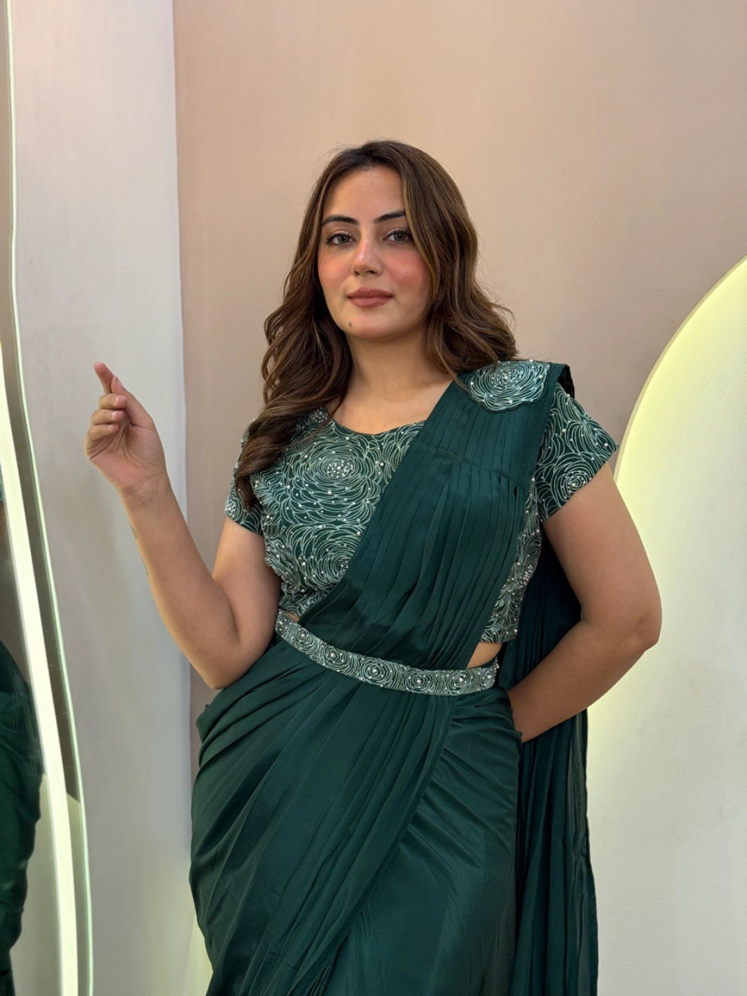 Emerald Elegance Satin Set Saree - Image 2