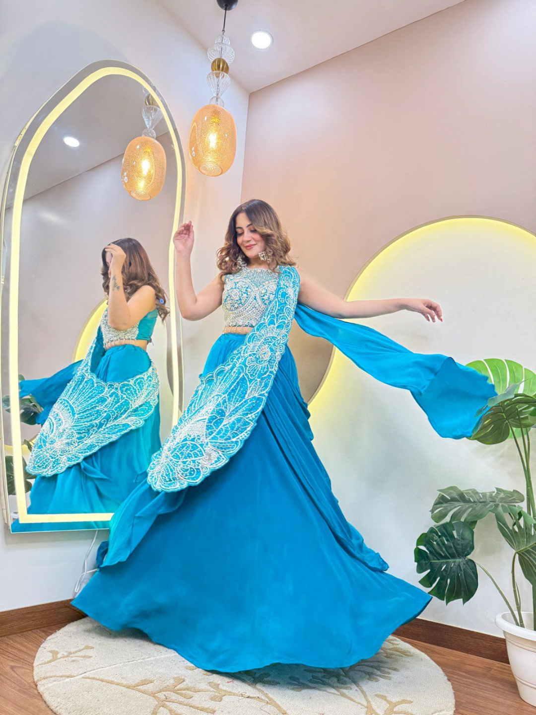 Ocean Teal Shimmer Tissue Drape Saree