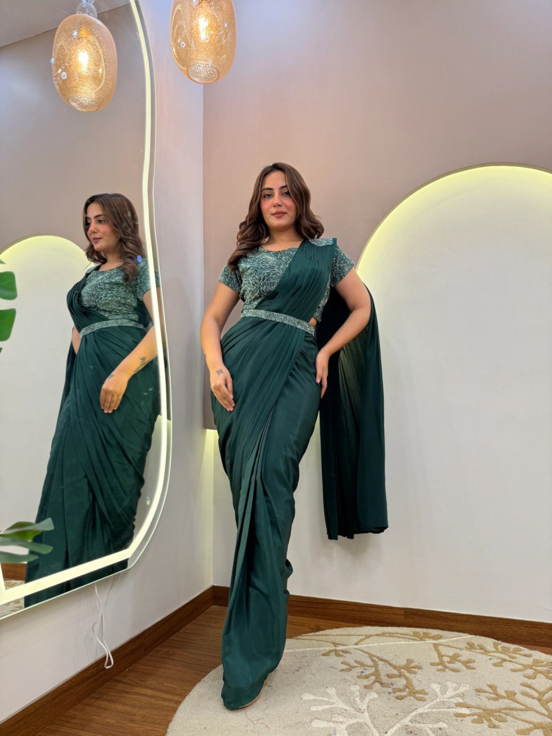 Emerald Elegance Satin Set Saree