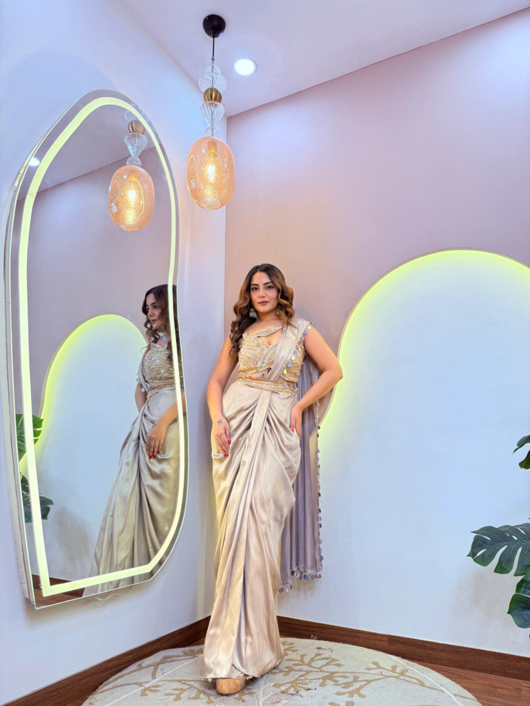 Champagne Glow Drape Saree - Image 3