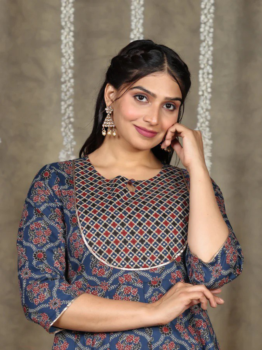 Blue Geometric Cotton Anarkali Kurta - Image 2