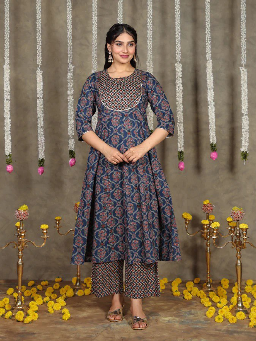Blue Geometric Cotton Anarkali Kurta