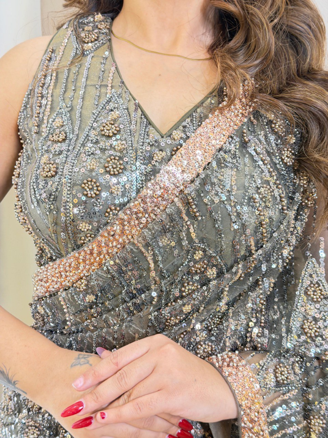 Celeste Mouse Grey Jimmy Choo Drape Saree - Image 3