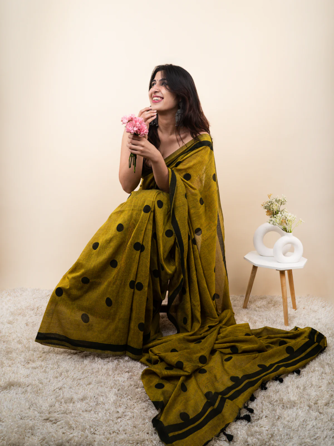 Mustard Polka Rangbind Cotton Saree