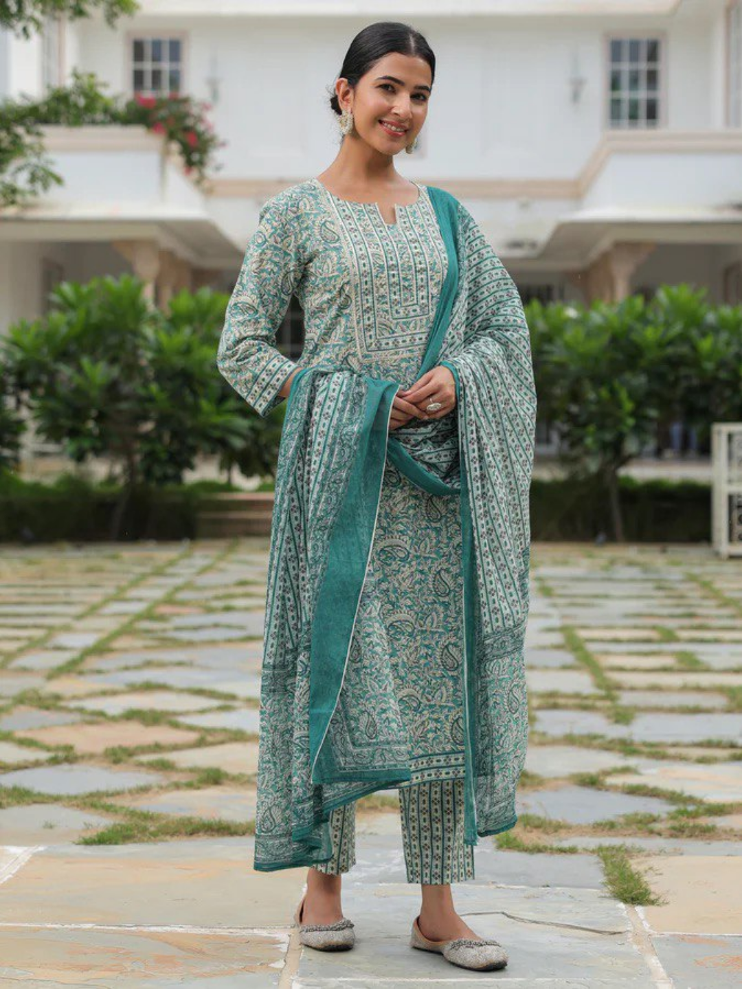 Teal Paisley Cotton Kurta Set