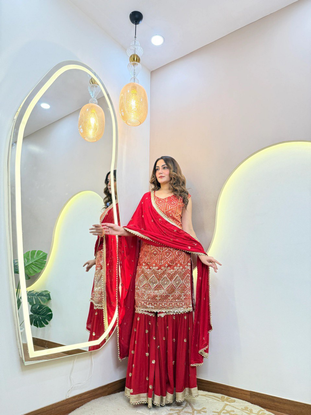 Ruby Radiance Embroidered Sharara Set