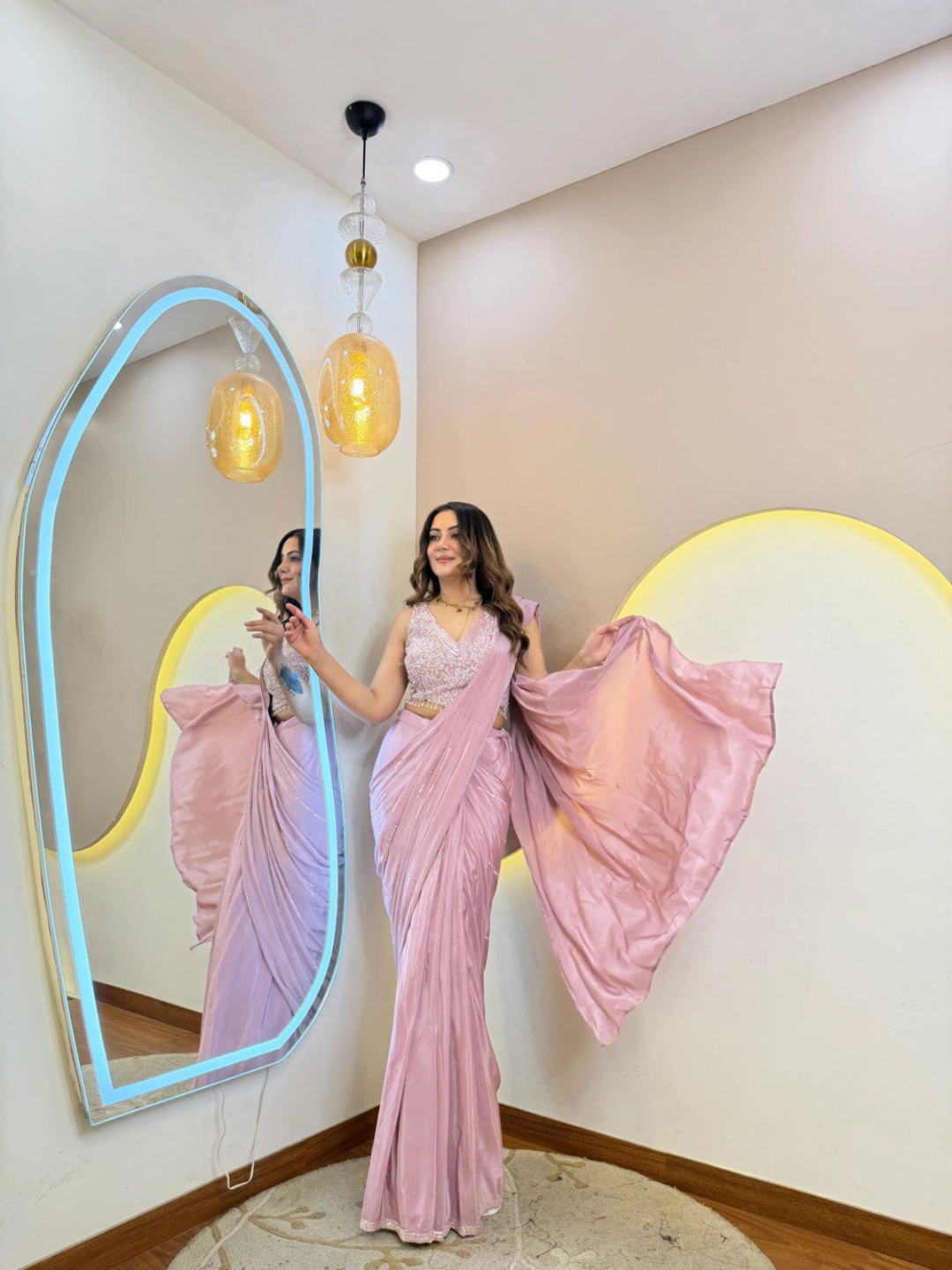 Blush Pink Pure Crepe Party Wear Drape Saree