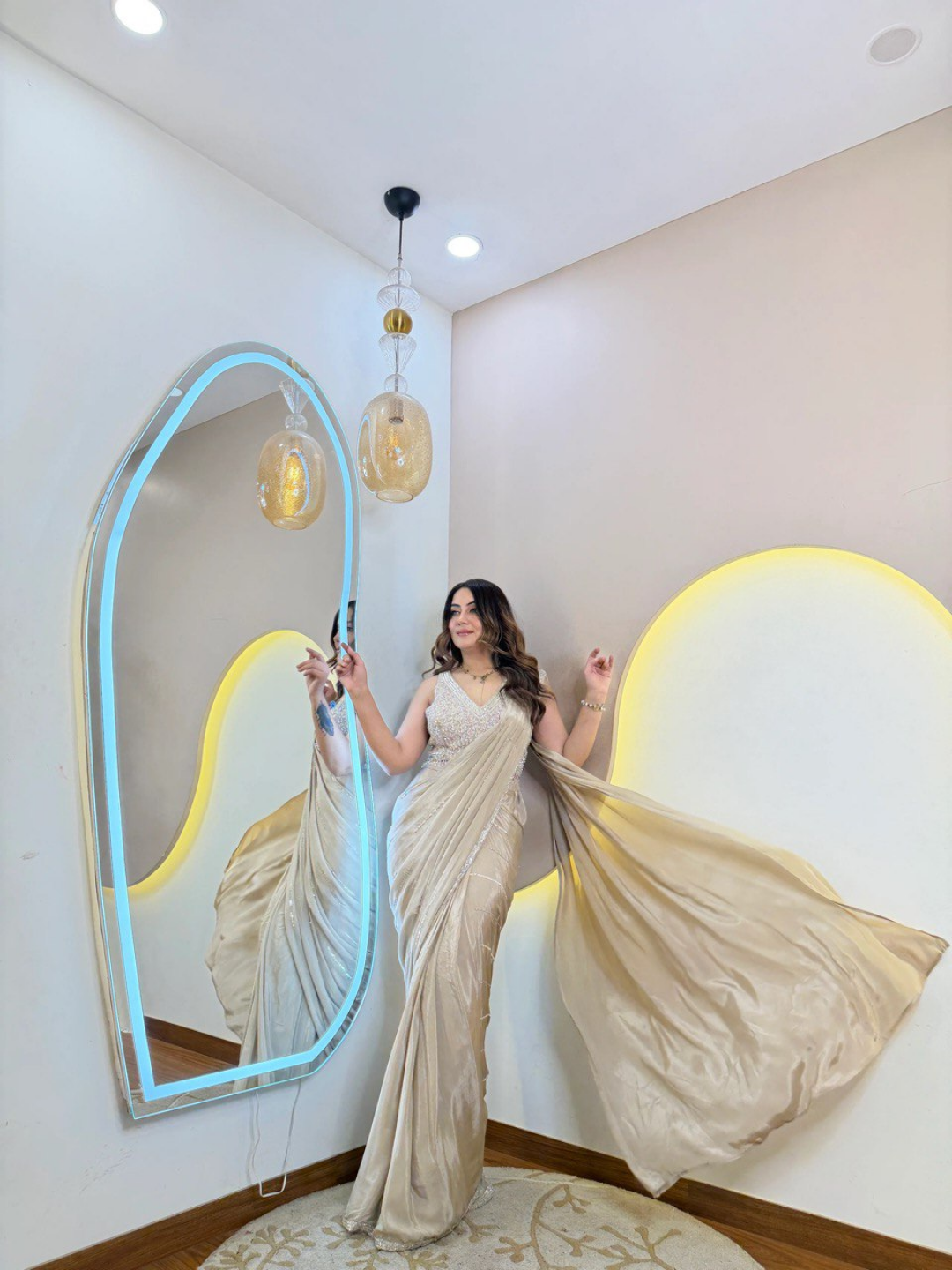 Champagne Cream Pure Crepe Party Wear Drape Saree