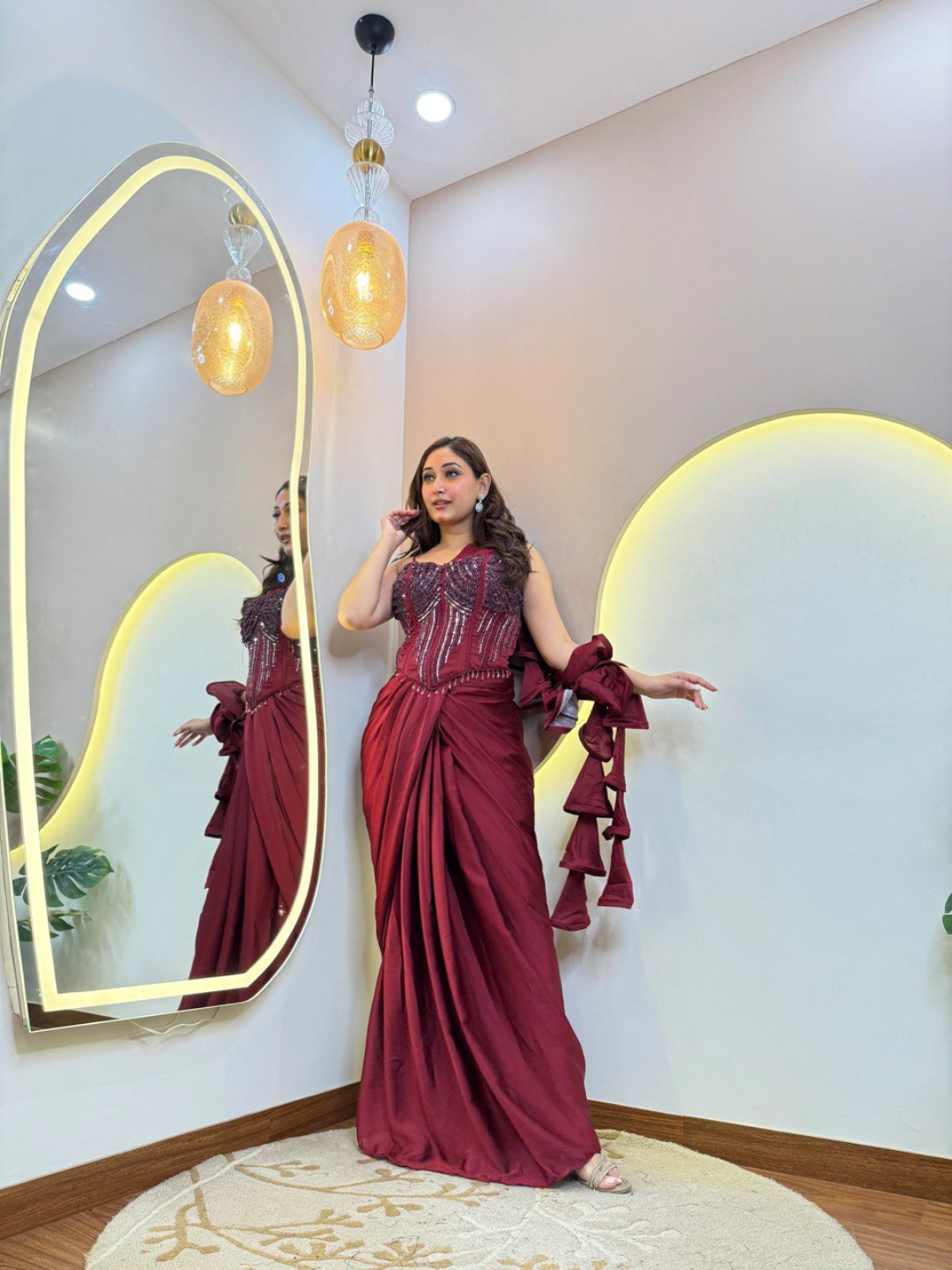 Ruby Wine Pure Chinnon Handworked Drape Saree