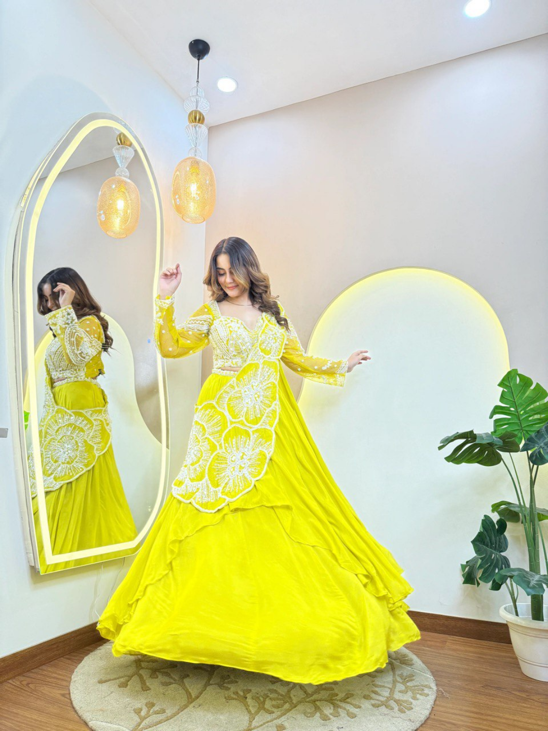 Lemon Bloom Pure Crepe Handworked Drape Saree