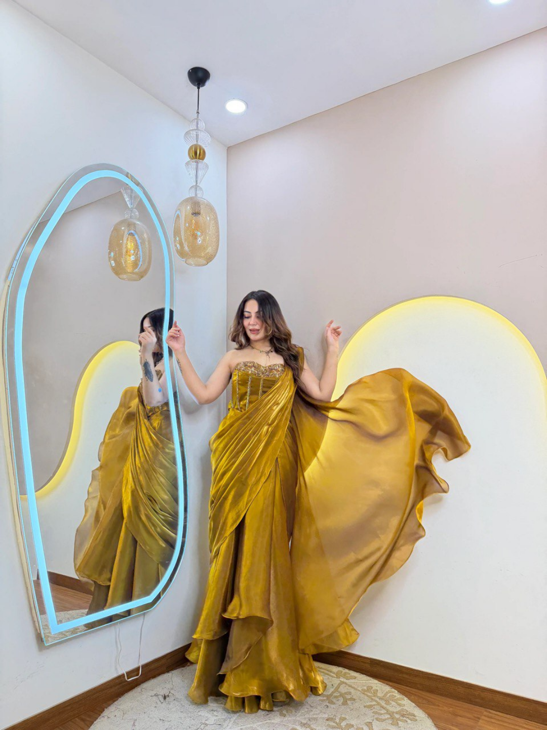 Mustard Gold Shimmer Tissue Party Wear Drape Saree