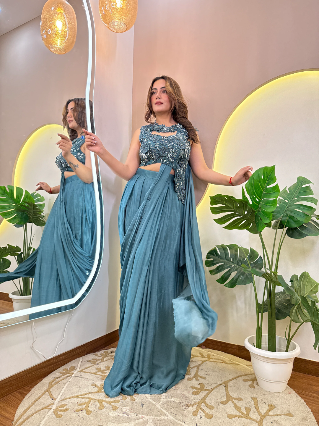 Sky Blue Embellished Drape Saree