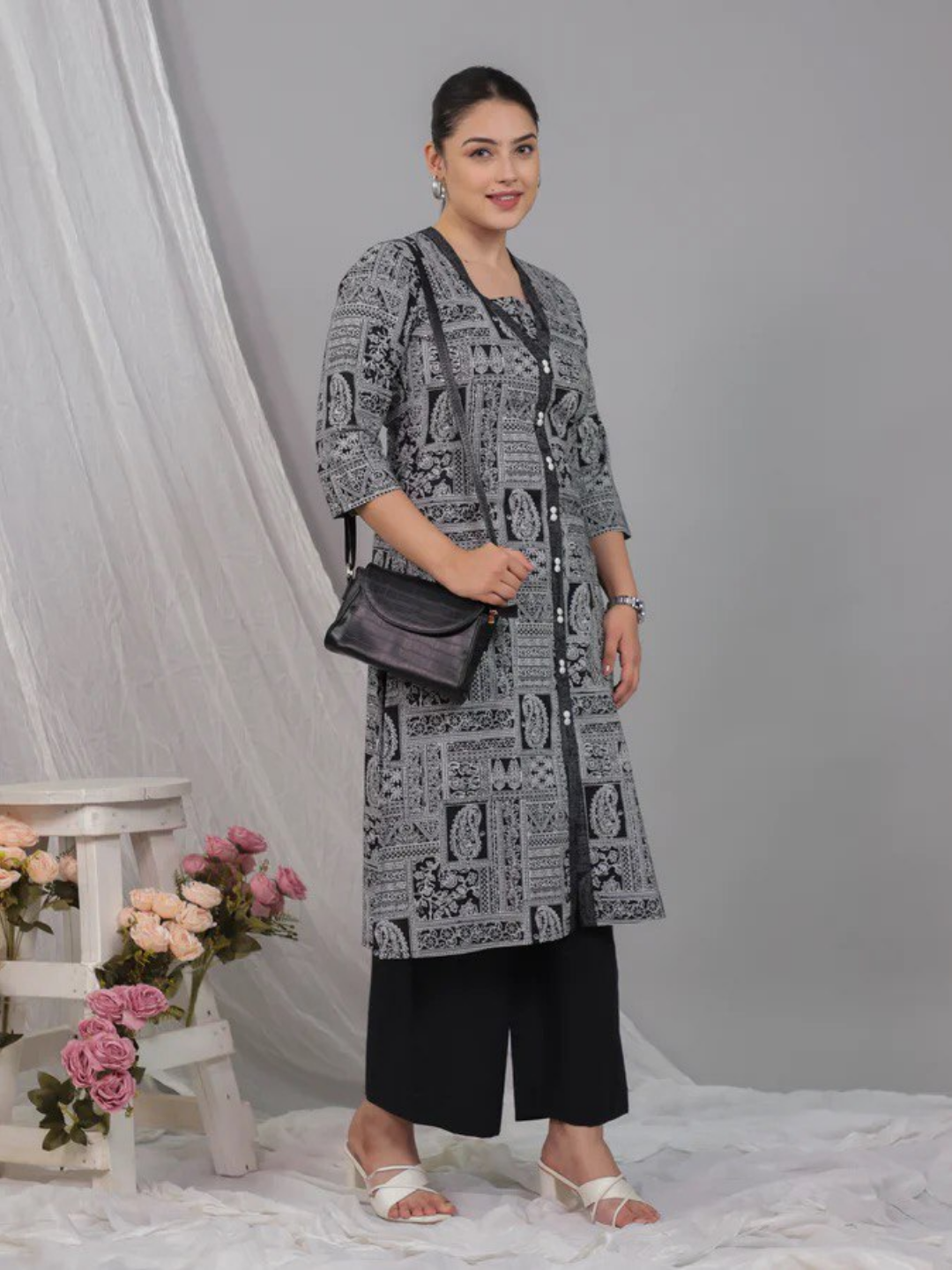 Black Patchwork Cotton Kurta