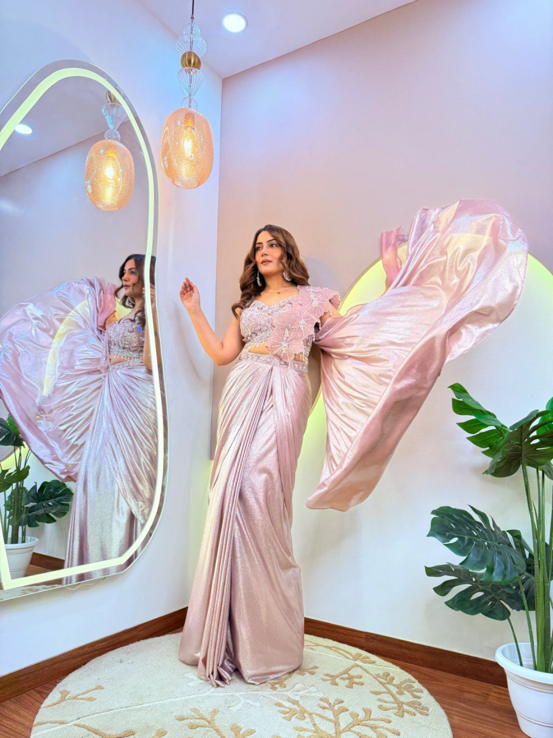 Taziya Baby Pink Shimmer Drape Saree