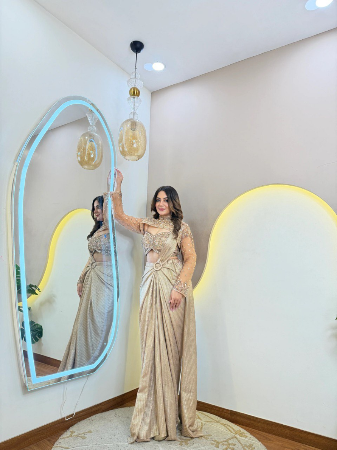 Golden Aura Crepe Drape Saree with Cape Jacket