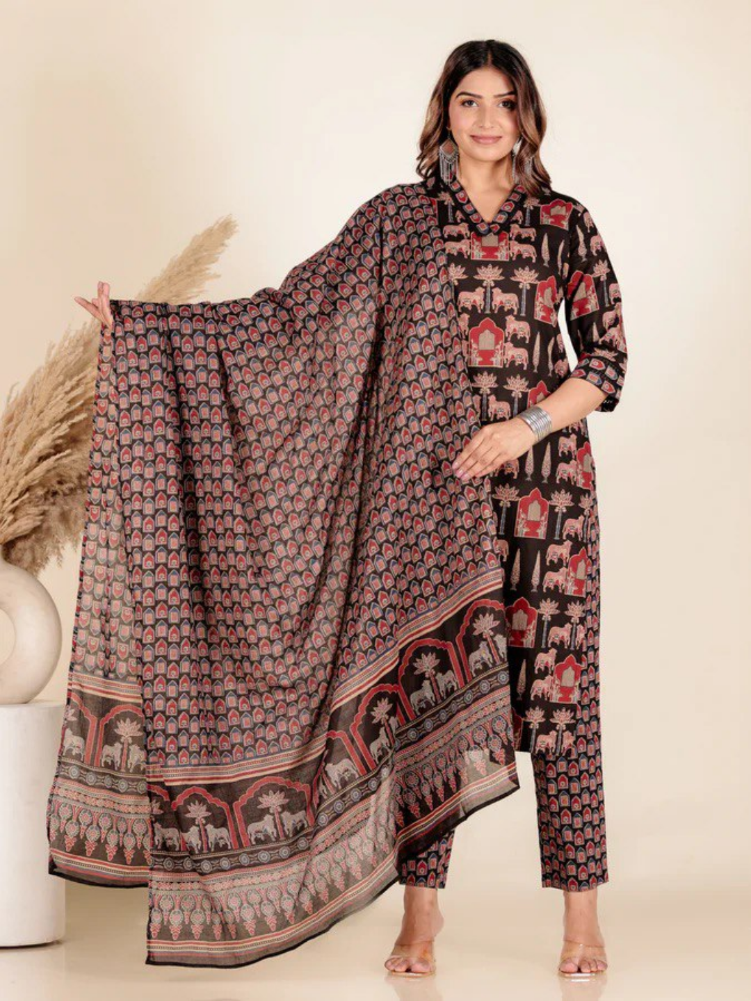 Black Mughal Print Cotton Kurta Set