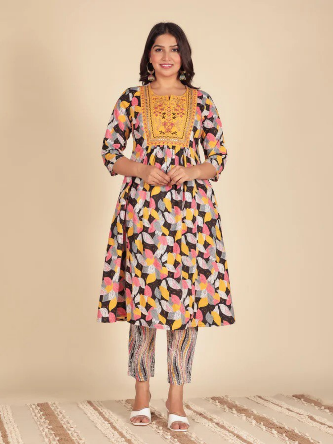 Black Foliage Print Cotton Kurta Set