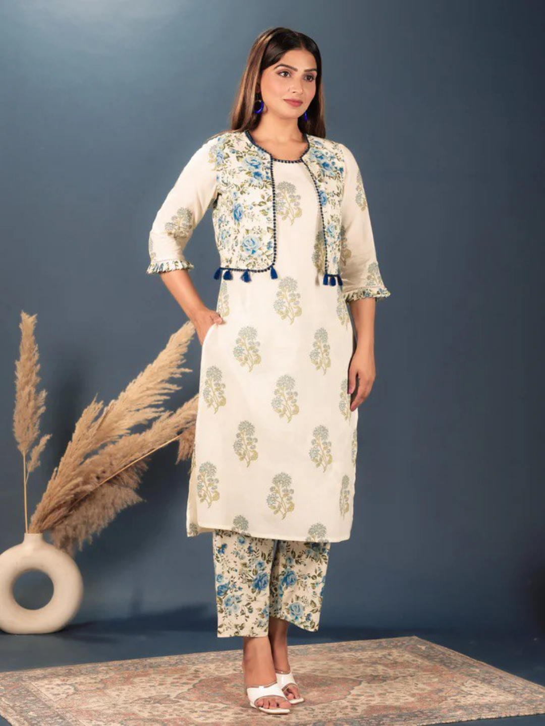 Cream Block Print Cotton Kurta Set