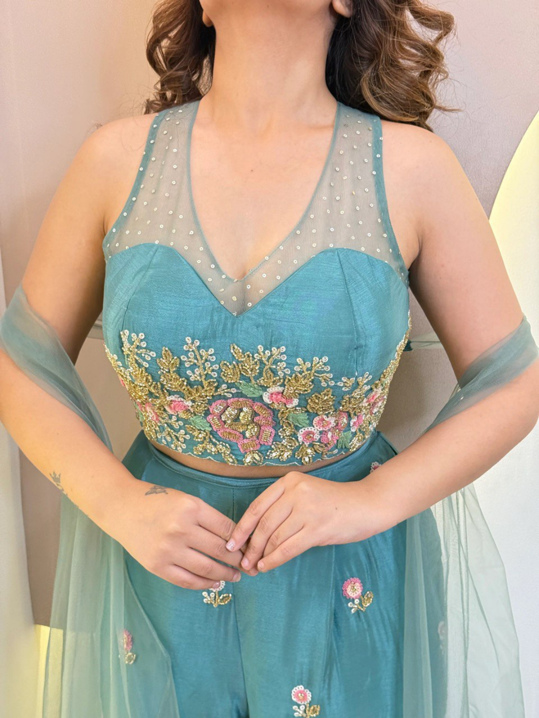 Teal Bloom Festive Sharara Set - Image 4