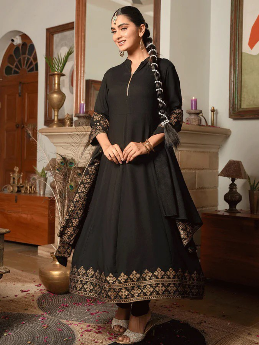 Black Gold Foil Anarkali Kurta Set
