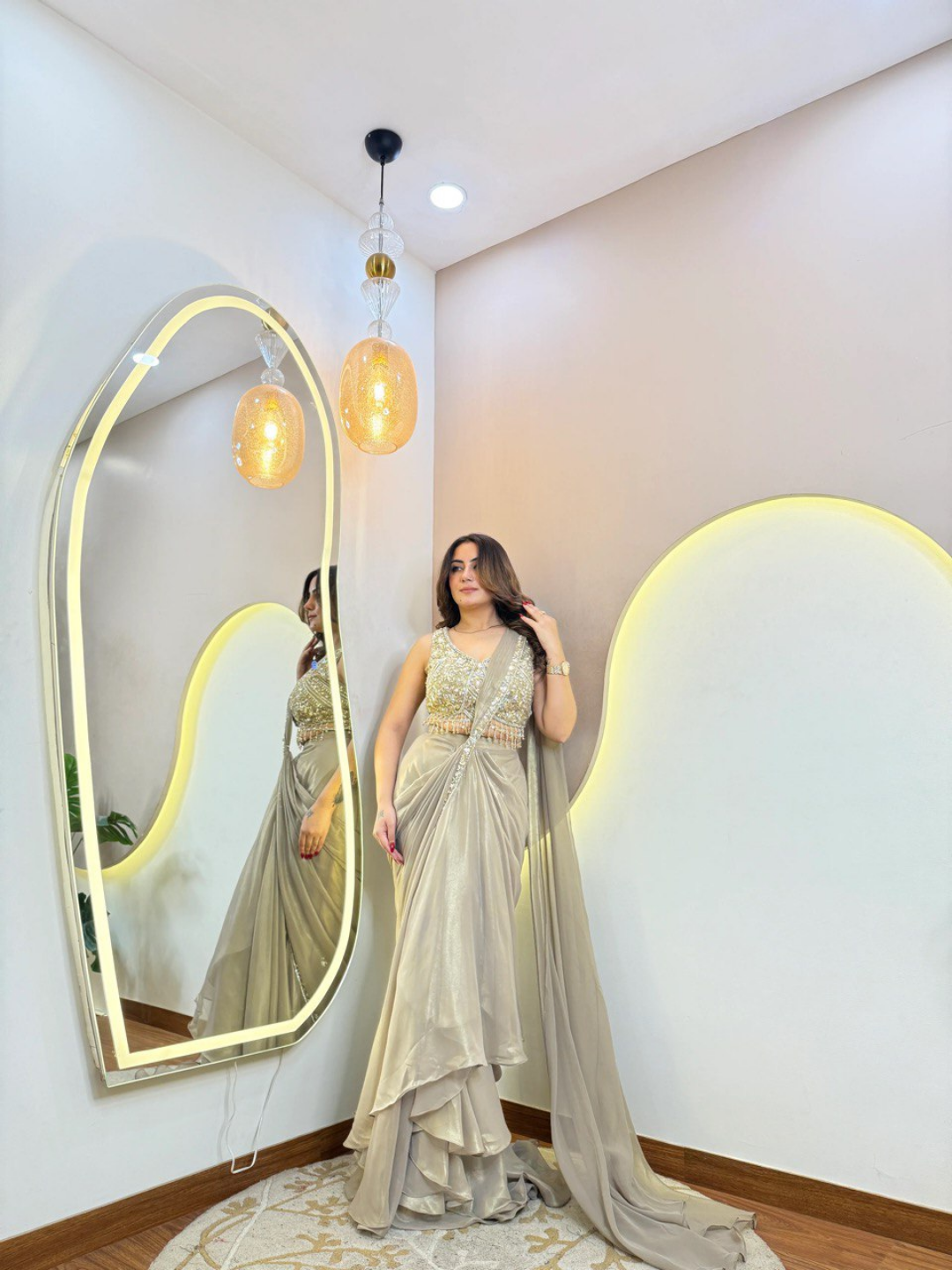 Champagne Gold Luxe Drape Saree - Image 2