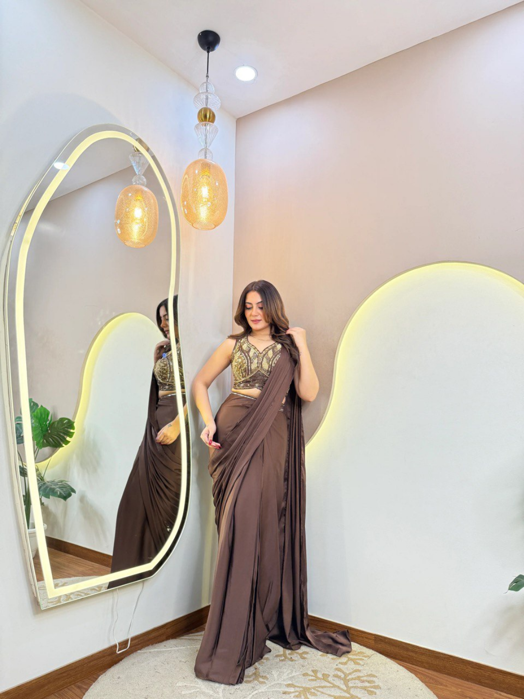Chocolate Brown Glam Drape Saree - Image 3