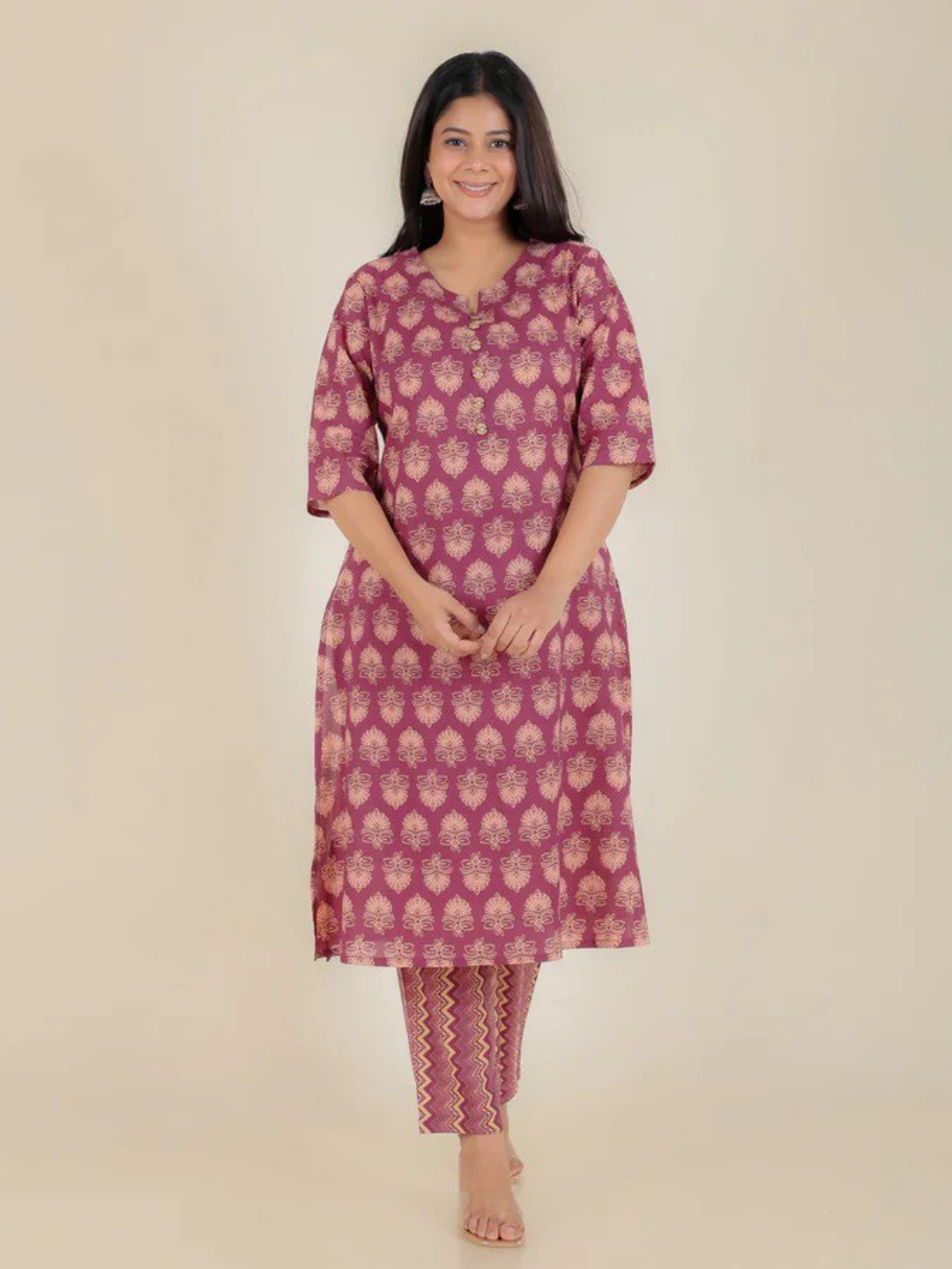 Burnt Pink Floral Cotton Kurta Set - Image 3