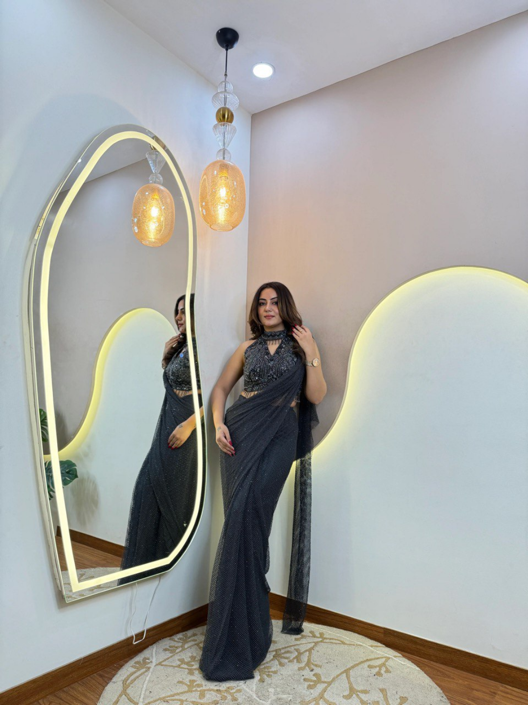 Charcoal Black Imported Net Handwork Drape Saree