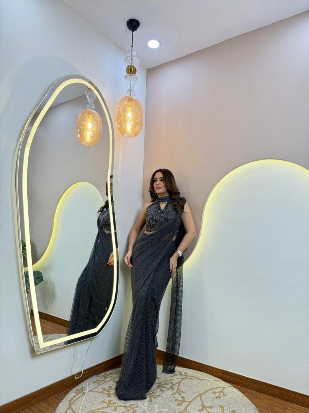 Charcoal Black Imported Net Handwork Drape Saree - Image 2